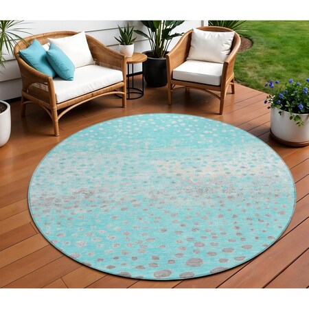 Homeroots 8' Aqua And Teal Blue Round Abstract Washable Indoor Outdoor Area Rug 609446