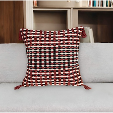 Homeroots 20" Red and Black Cotton Throw Pillow with Tassels 529208