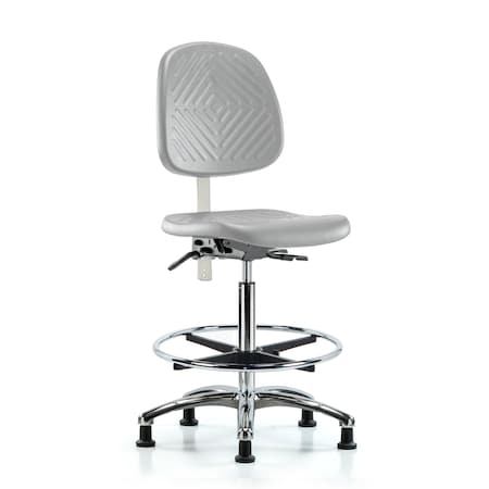 Blue Ridge Ergonomics CL100CleanRoom Chair-High Bench Ht with Med Back, Seat Tilt, Chrome FR, &Stationary Glides in Gray Poly NCR-PHBCH-MB-CR-T1-A0-CF-RG-GRY