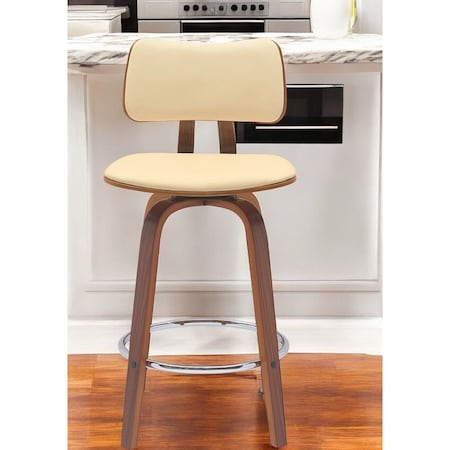 Homeroots 26" Cream And Wood Brown Faux Leather Swivel Low Back Counter Height Bar Chair 534431