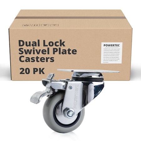 Powertec 3'' Dual Locking Swivel Casters & Polyurethane Gray Caster Wheels 220 Lbs Per Wheel, 20PK 17208-Case5N