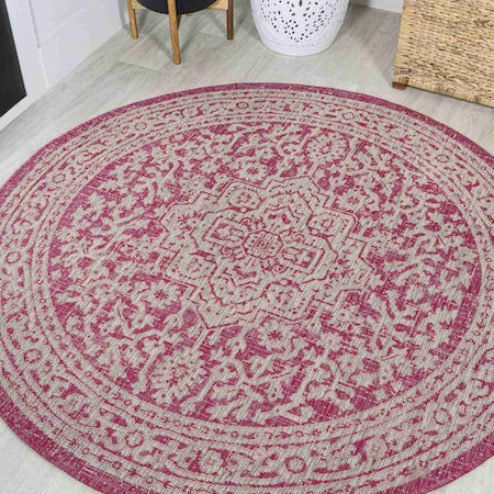 Jonathan Y Sinjuri Medallion Textured Weave Fuchsia/Light Gray 5 ft Round Indoor/Outdoor Area Rug SMB101G-5R