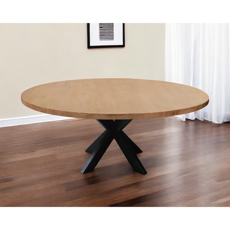 Homeroots 72" Natural And Black Rounded Solid Wood And Iron Pedestal Base Dining Table 563915