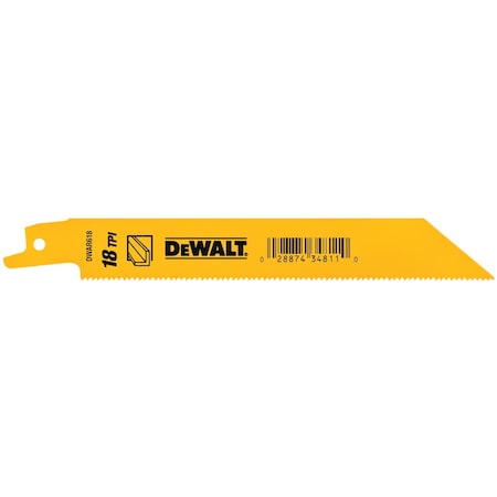 Dewalt 6" 18 TPI Straight Back Bi-Metal Reciprocating Blade, 5PK DW4811