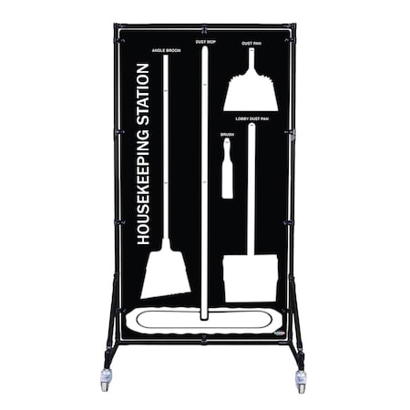 5S Supplies Housekeeping Shadow Board Broom Station V4, Black / White Shadows, No Broom + Stand HSB-V4-BLACK/WHITE-BO-STAND