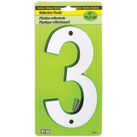 Hy-Ko 30800 Series Reflective Sign, Character 3, 6 in H Character, BlackSilver Character, Plastic 30803