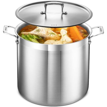 Bakken-Swiss 20QT Stockpot, Brushed Stainless Steel, Induction-Ready, Lid and Riveted Handles, Heavy Duty BAKSTQ20