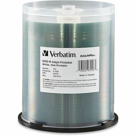 Verbatim Americas Verbatim 97016 DVD Recordable Media - DVD-R - 16x - 4.70 GB - 100 / Pack - White 97016