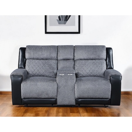 Homeroots 76" Gray and Black Faux Leather and Microfiber Manual Reclining Loveseat With Storage 561566