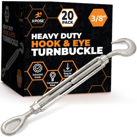 Xpose Safety 3/8in Hook and Eye Turnbuckle, Heavy Duty Galvanized Steel Turn Buckles, 20PK GTB38-HE-20-X-S