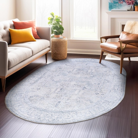 World Rug Gallery Vintage Inspired Distressed Machine Washable Area Rug 5 ft x 7 ft Oval Blue 6031BLUE5OV