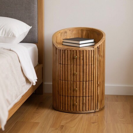 Homeroots 26" Light Brown Solid Wood Round Ribbed Texture Four Drawer Nightstand 651565