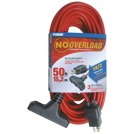 Prime SJTW Extension Cord, 14 AWG, Outdoor, 14/3, 3 Outlets, Red, 50 ft CB614730