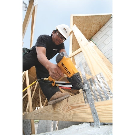 Bostitch 35 Degree 1-1/2'' Paper Tape Strapshot Metal Connector Framing Nailer with Short Magazine MCN150