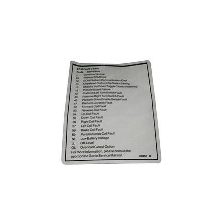 Genie REPLACEMENT DECAL, LABEL FAULT CODES 65052