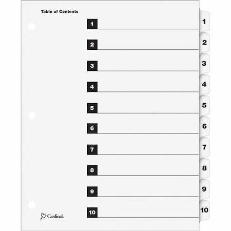 Cardinal Brands Cardinal OneStep Printable T.O.C. Divider, Printed 1 to 10, 9"x11", 10 Tabs, White/White 61013CB