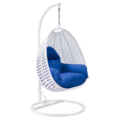 Leisuremod White Wicker Hanging Egg Swing Chair with Blue Cushions ESCW-40BU