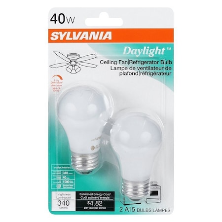 Sylvania Incandescent Bulb, 40 W, A15 Lamp, Medium E26 Base, 340 Lumens, 6550 K Color Temp, Daylight, 2PK 10181