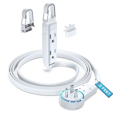 Maximm 3ft 16AWG 360 degrees Flat Plug Extension Cord w/ Removable Hook, UL, White ADW-360-C103-WH