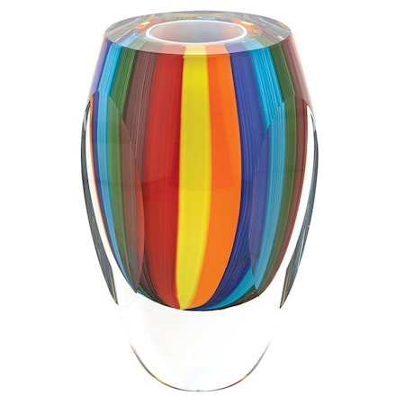 Homeroots 6" Blue Clear Red And Yellow Cylinder Crystal Glass Table Vase 375787