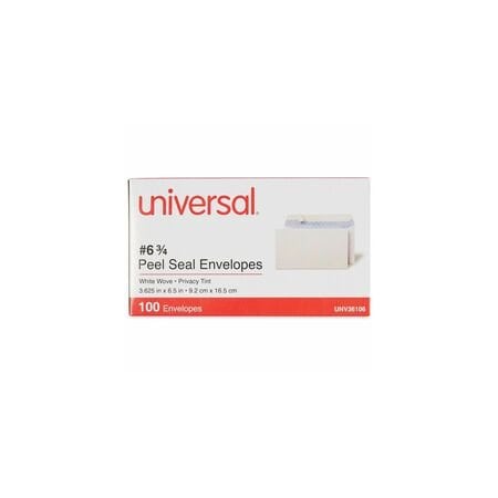 Universal Peel Seal Strip Business Envelope, No6 3/4, Square Flap, Self-Adhesive Closure, 3.63x6.5, Wht, 100PK UNV36106