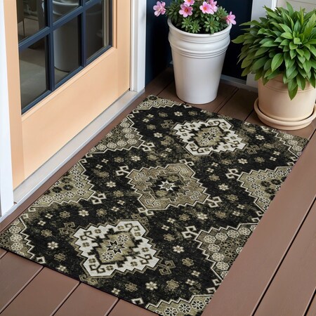 Homeroots 3' X 5' Black Ivory And Taupe Medallion Washable Indoor Outdoor Area Rug 588990