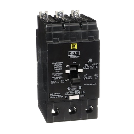 Square D Miniature Circuit Breaker, E FRAME Series, 60A, 3 Pole, 277/480V AC, 25kA at 120V AC EDB34060