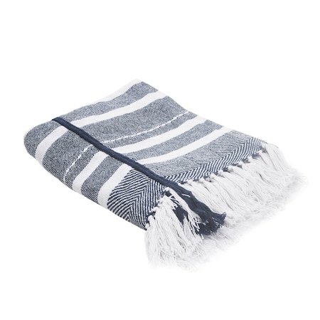 Homeroots 50" X 60" Blue and White Kantha Cotton Striped Throw Blanket with Embroidery 516623