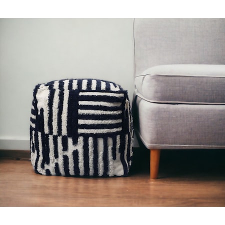 Homeroots 18" Blue Cotton Cube Striped Pouf Ottoman 534102