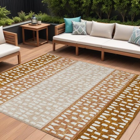 Homeroots 8' X 10' Orange Beige And Ivory Geometric Washable Indoor Outdoor Area Rug 613864