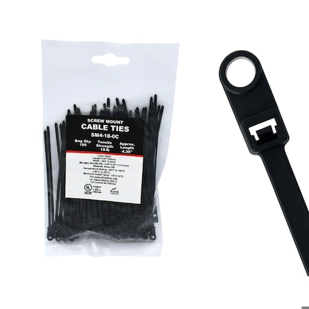 Cable Ties Unlimited Screw Mount Cable Tie, 4 in L, 18 lb Strength, 1 in Max Bundle Dia, Nylon, UV-Rated, Black, 100PK SM4-18-0C