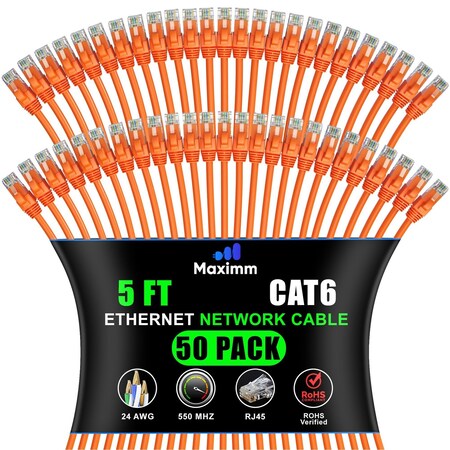 Maximm Cat6 Ethernet Cable 5ft 10Gbps 550MHz UTP, 50PK, Orange, 50PK CAT6CCA-5OR-50PK