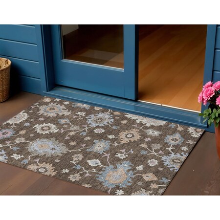 Homeroots 3' X 5' Chocolate Beige And Blue Floral Washable Indoor Outdoor Area Rug 606146