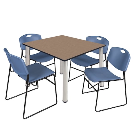 Regency Square Kee Breakroom Table W/ 4 Zeng Stack Chairs, 48 in W, 48 in L, Noble Oak TB4848NOBPCM44BE