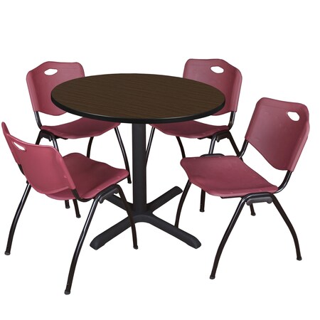 Regency Round Cain Breakroom Table W/ 4 M Stack Chairs, 42 in W, 42 in L, Neo Walnut TB42RNDNW47BY