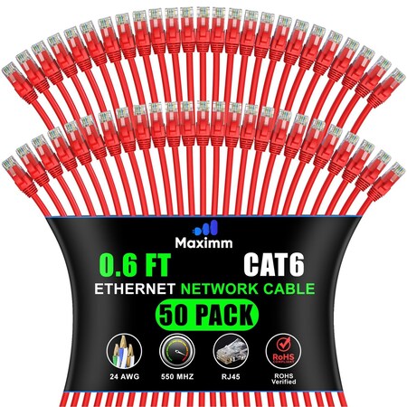 Maximm Cat6 Ethernet Cable 0.6ft 10Gbps 550MHz UTP, 50PK, Red, 50PK CAT6CCA-0.6RD-50PK