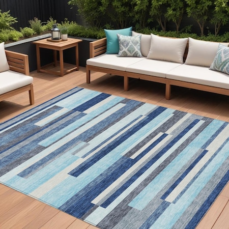 Homeroots 9' X 12' Blue Gray And Ivory Striped Washable Indoor Outdoor Area Rug 613264