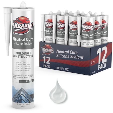 Krakenbond Neutral Cure, %100 Silicone, Construction Sealant, Window, Door, Kitchen, Bathroom, 10.1 oz, Clear, 12PK KR905NASS-12