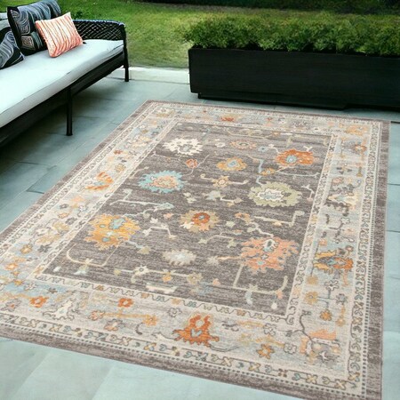 Homeroots 5' X 7' Gray and Orange Floral Stain Resistant Indoor Outdoor Area Rug 531493