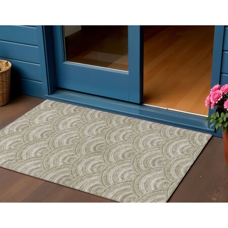 Homeroots 3' X 5' Taupe Fern Green And Ivory Geometric Washable Indoor Outdoor Area Rug 615242