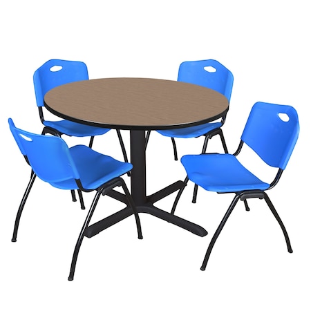 Regency Round Cain Breakroom Table W/ 4 M Stack Chairs, 48 in W, 48 in L, Noble Oak TB48RNDNO47BE