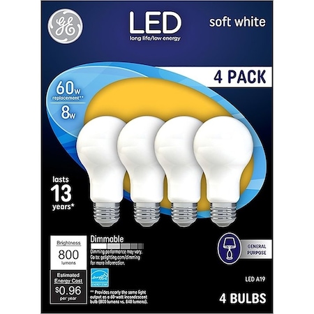 Ge Industrial Solutions LED Bulb, General Purpose, 750 Lumens, 10 W, A19 Lamp, 60 W Equivalent, Dimmable, 4PK 93098313