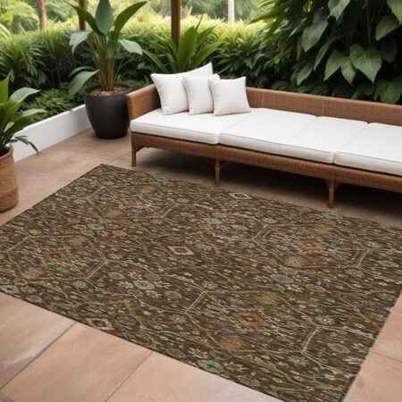 Homeroots 10' X 14' Chocolate Red And Green Floral Washable Indoor Outdoor Area Rug 604588