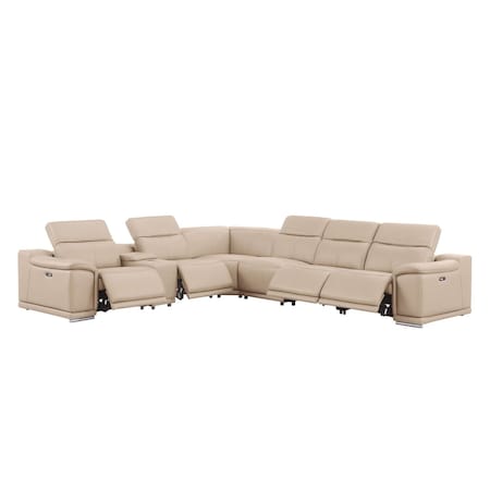 Homeroots Beige Leather Power Reclining L Shaped Seven Piece Corner Sectional With Console 643900