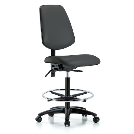 Blue Ridge Ergonomics Vinyl, Polyurethane Foam, Chrome, Charcoal, 26" to 35" Seat Height, No Arms Arms, Rolling BR-VHBCH-MB-RG-T0-A0-CF-RC-8605