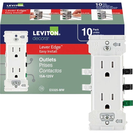 Leviton Decora Edge 15A White Residential Grade 5-15R Duplex Outlet, 10PK M02-E5325-0MW