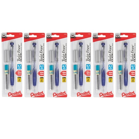 Pentel Twist-Erase Click Mechanical Pencil (0.7mm) Clear Barrel, 1-Pack with Lead & 2 Erasers, 6PK PD277TLEBP