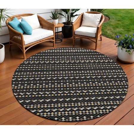 Homeroots 8' Black And Taupe Round Striped Washable Indoor Outdoor Area Rug 610518