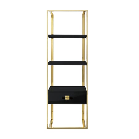 Homeroots 71" Black Stainless Steel and Wood Three Tier Etagere Bookcase with A Drawer 544734