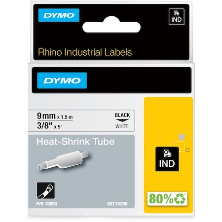 Dymo Rhino Continuous Label Roll Cartridge, Single Side, Polyolefin, 3/8 in x 5 ft, Black on White, Gloss 18053